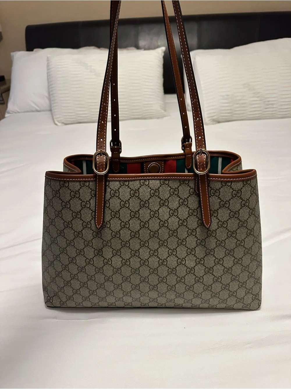 Gucci Beige Monogram Tote with Brown Leather Straps and Red-Green Interior - Picture 1 of 4